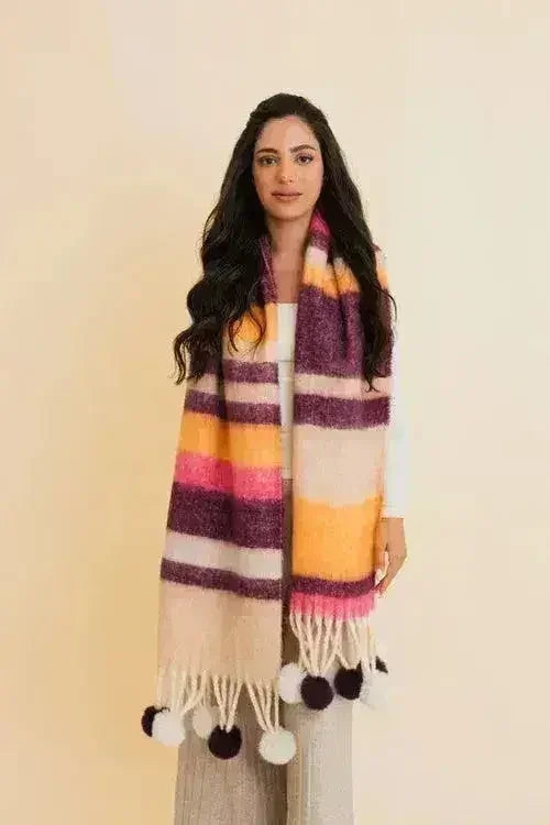 Chunky Pom Tassel Color Stripes Scarf – Bold Striped Scraf