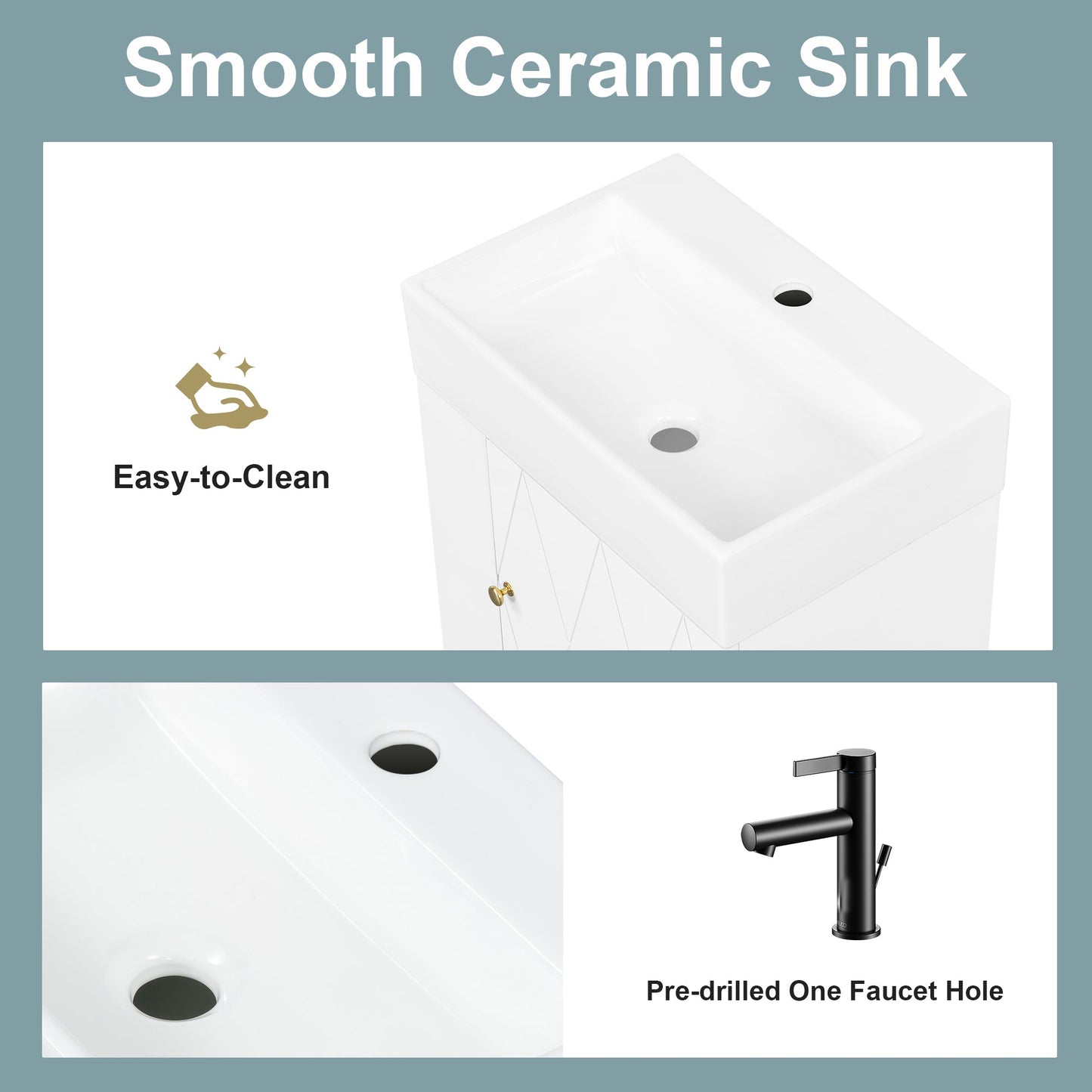 20 Inch Bathroom Vanity with Ceramic Sink, Diamond Pattern Door Design