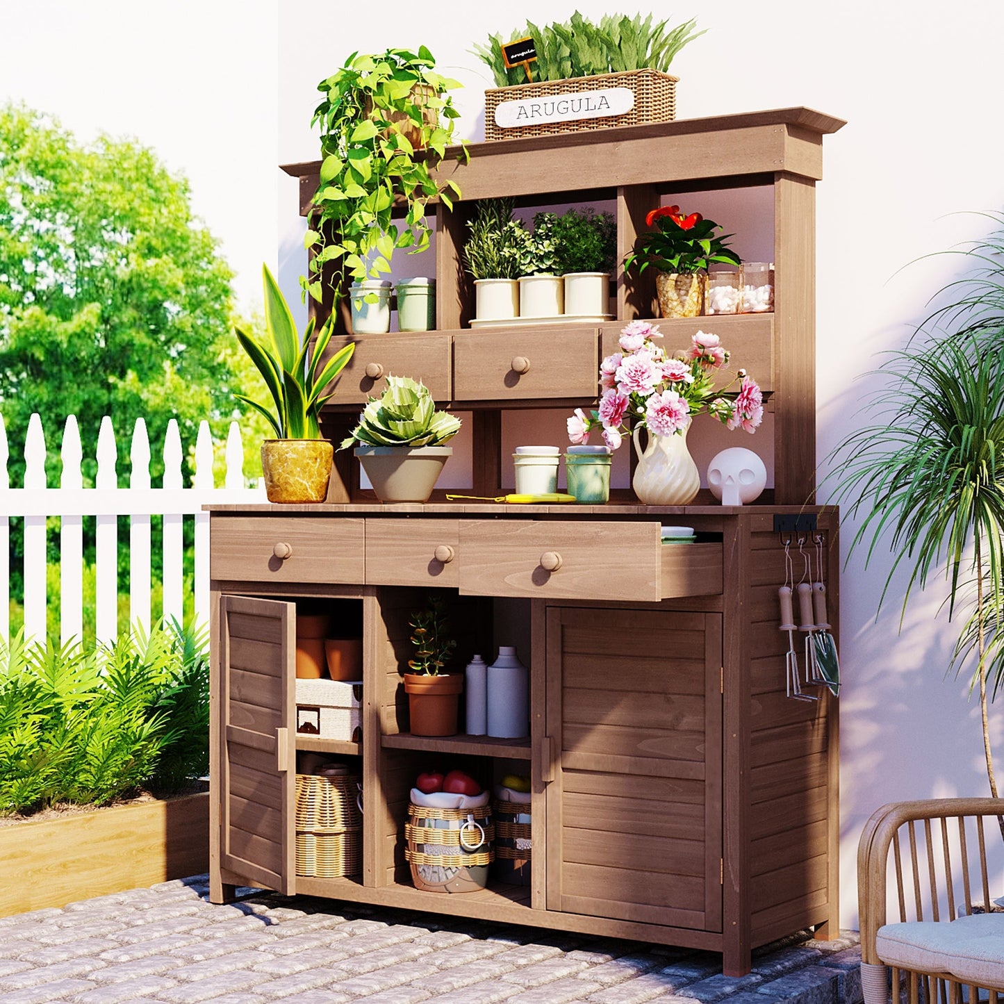 Topmax 65.7'' Tall Garden Potting Bench Table with Hutch