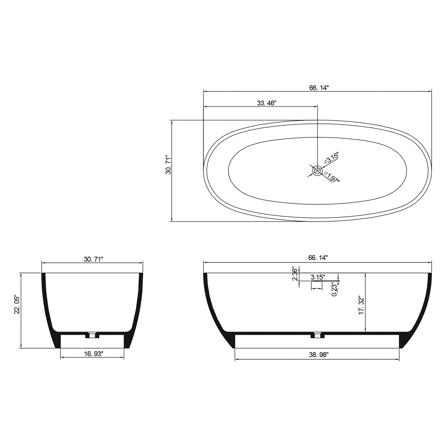 67 in. x 31 in. Oval Freestanding Solid Surface Soaking Bathtub with Center Drain in Matte