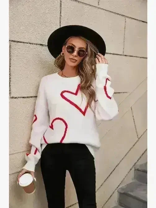 White & Red Heart Sweater – Playful Valentine’s Style