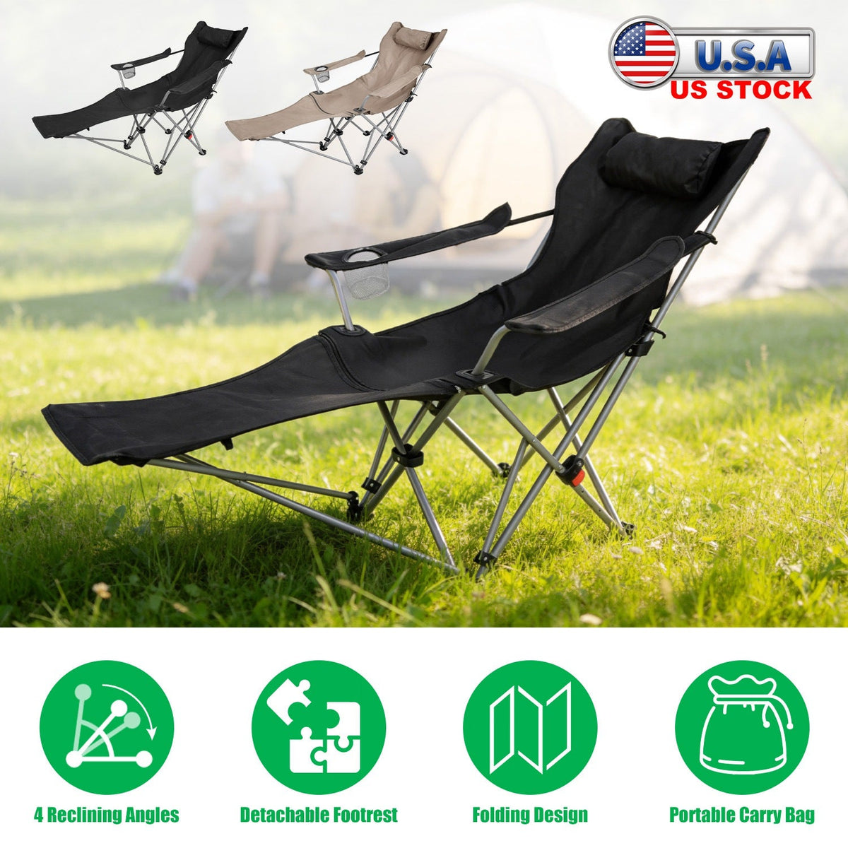 Reclining Camping Chair with Footrest – 4-Position Adjustable