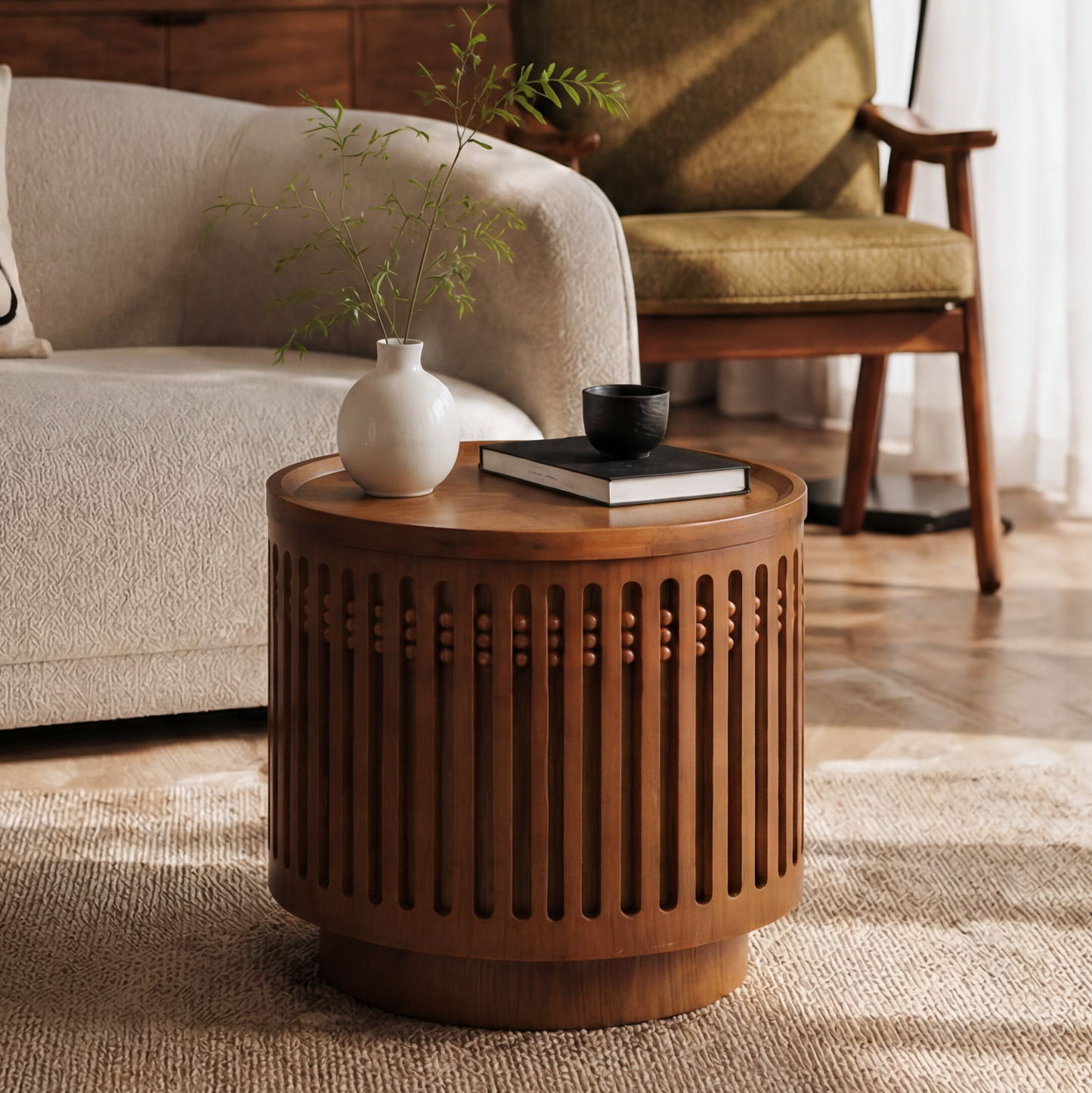 18.9" Round Wooden Side Table with Cylinder Lattice Design