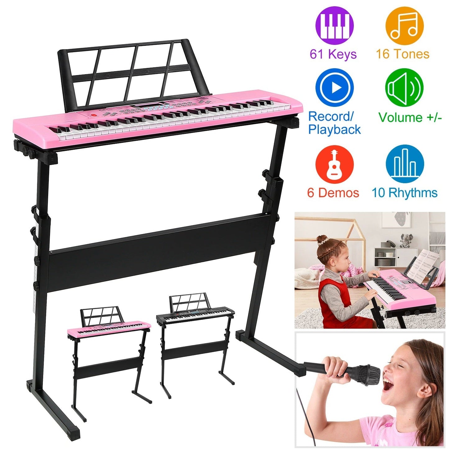 61 Keys Digital Music Electronic Keyboard Electric Musical Piano Instrument Kids Learning Keyboard w/ Stand Microphone For Beginners
