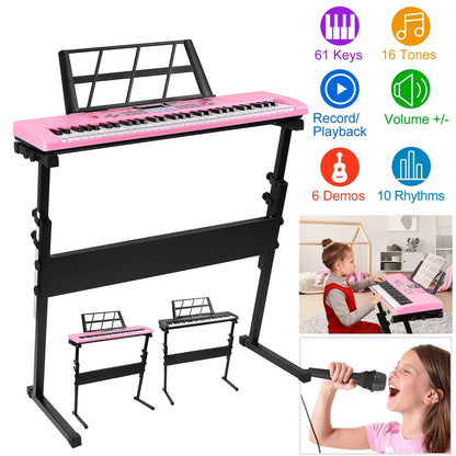 61 Keys Digital Music Electronic Keyboard Electric Musical Piano Instrument Kids Learning Keyboard w/ Stand Microphone For Beginners