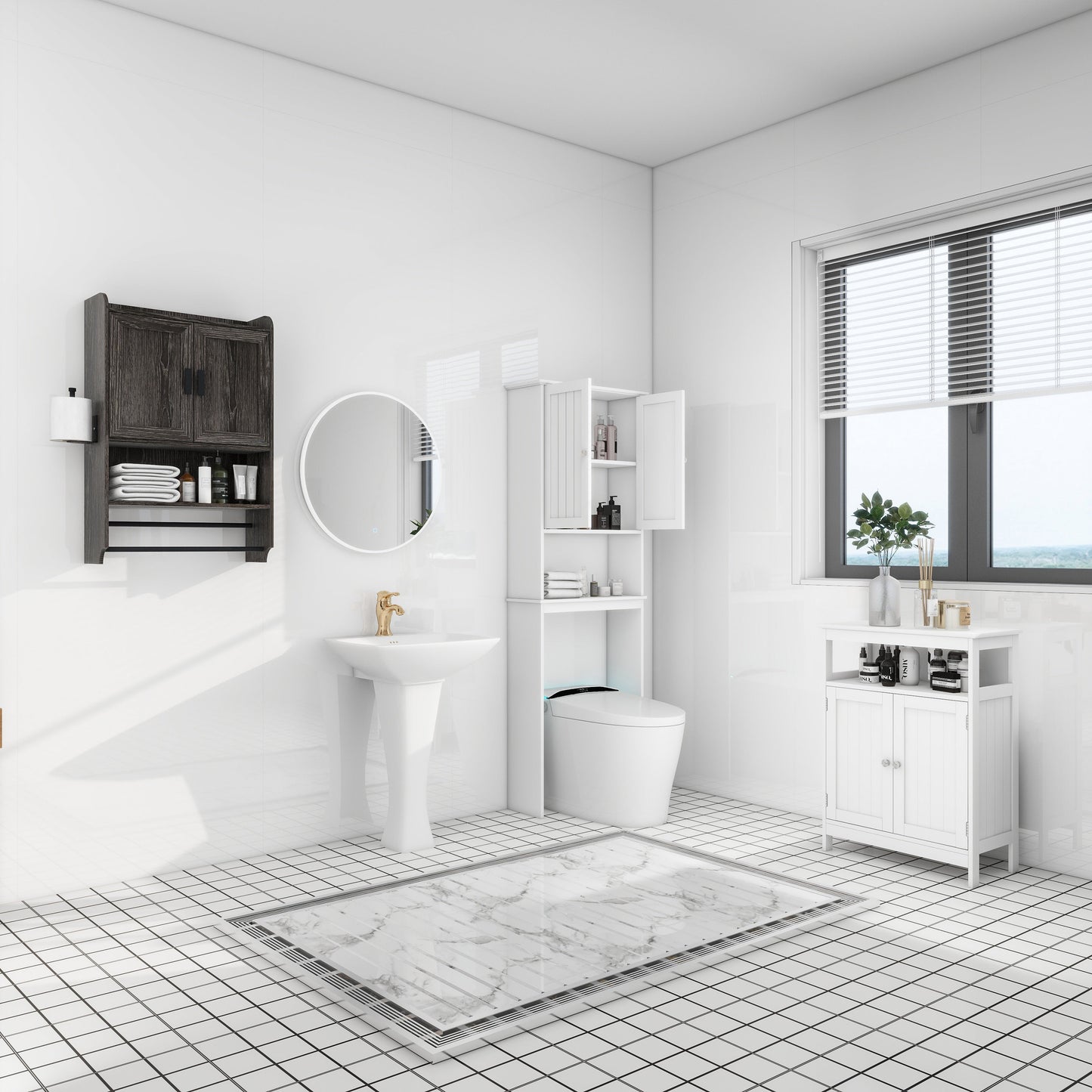 Bathroom Wall Cabinet with Doors, Adjustable Shelf, Towel Bar and Paper Holder