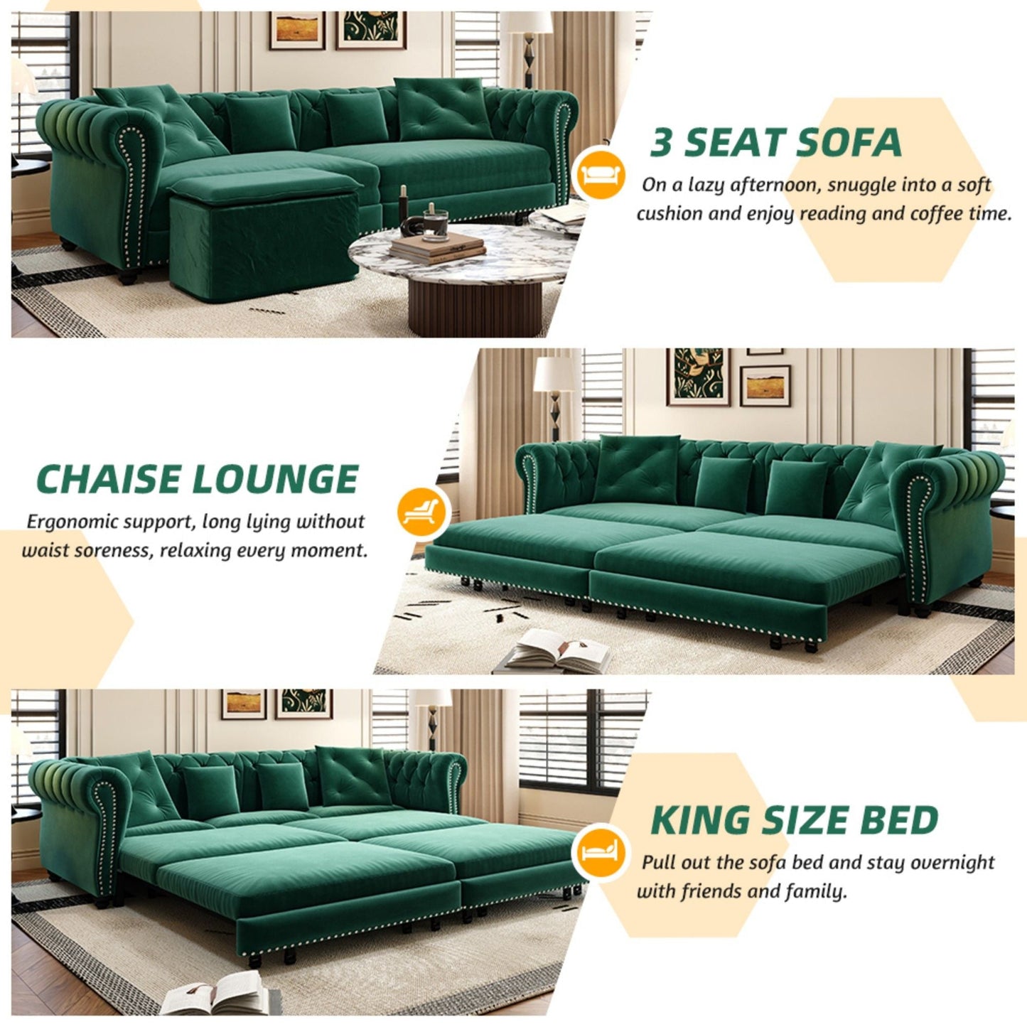 3 In 1 Pull Out Convertible Sleeper Sofa Bed, King Size, Chaise Lounge