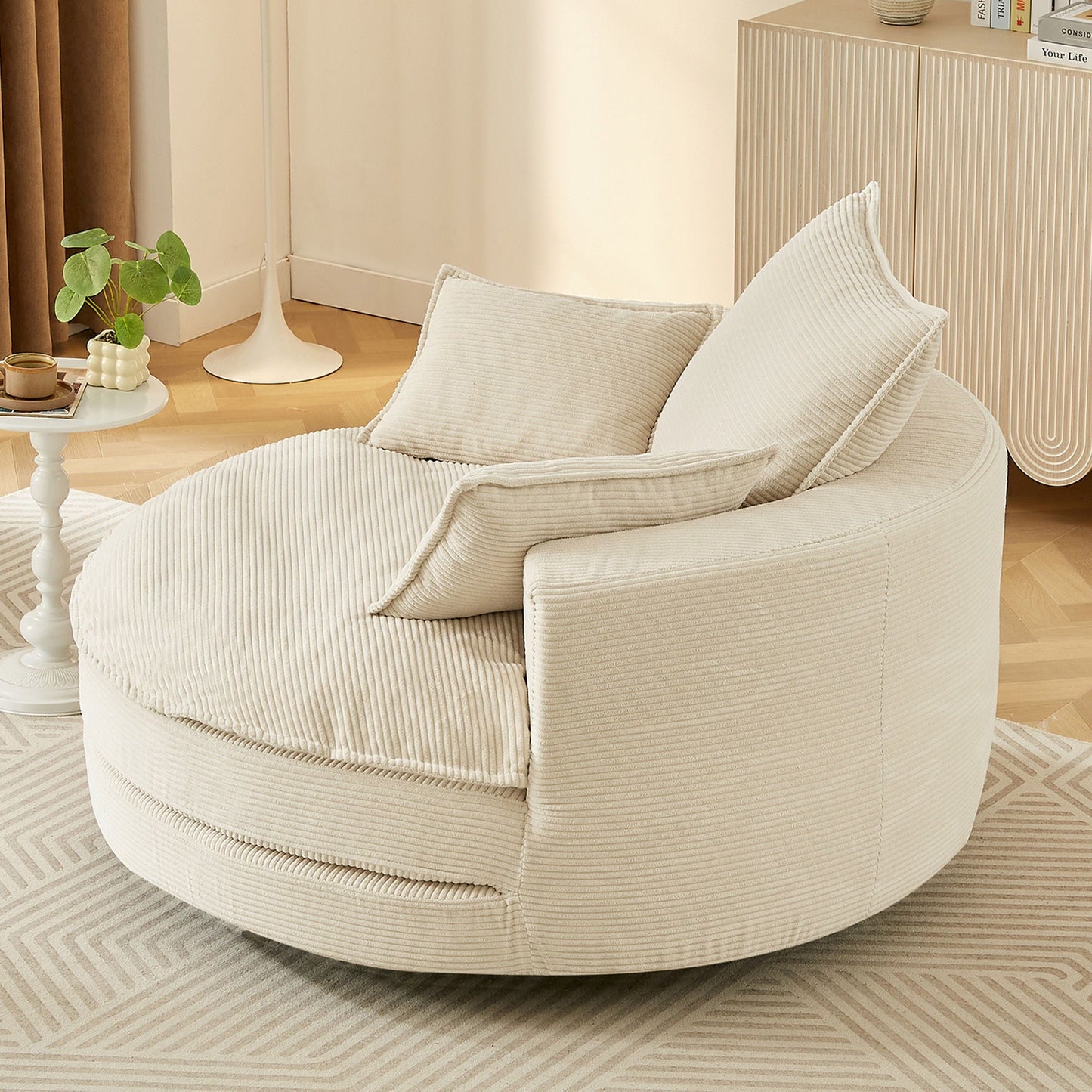 360° Swivel Accent Barrel Chair With Dual Layer Cushion And 3 Removable Pillows