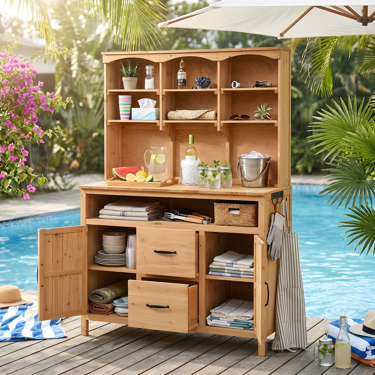 TOPMAX Large Fir Wood Potting Bench with Hutch, Cabinets & Drawers