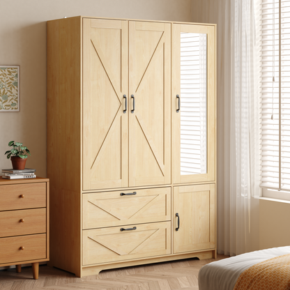 4 Doors Wardrobe Closet with Mirror, LED Lighting & Storage