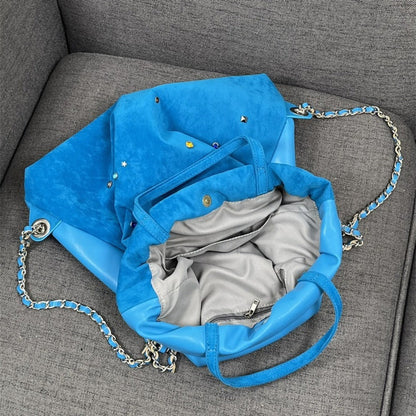 Women's bag matte suede backpack purse, splicing colored gemstone chain backpack, drawstring portable backpack