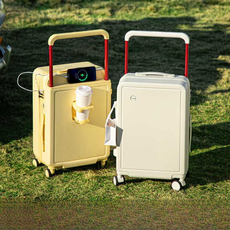 Wide Pull Rod Design Luggage Compartment, Front Open Lid, Stylish Large Capacity Luggage With Foldable Cup Holder And USB Interface
