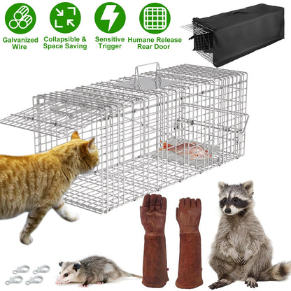 Humane Cat Trap Cage With Waterproof Cover Gloves Catch Release Live Animal Rodent Cage Collapsible Galvanized Wire for Raccoons Beavers Groundhogs Fo