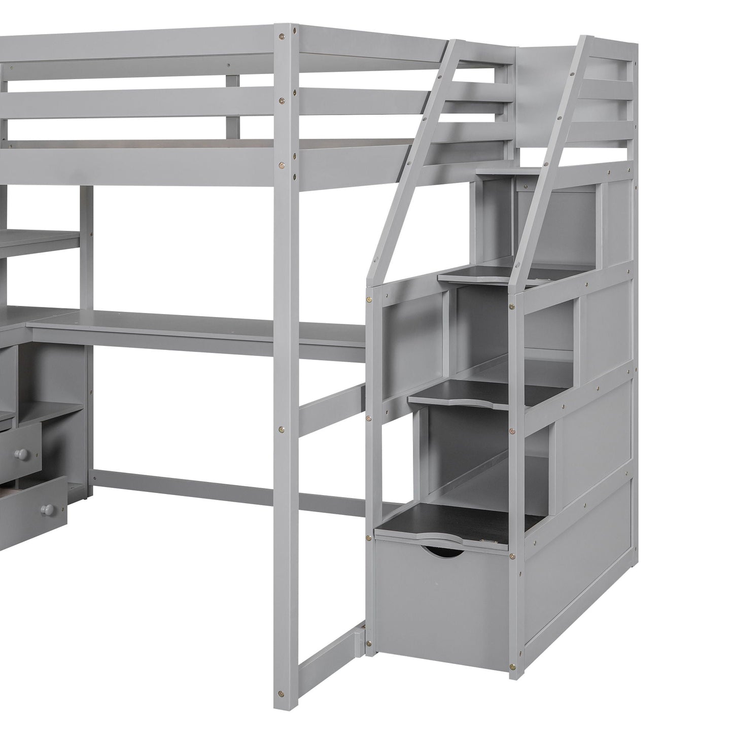 Loft Bed With Desk, Shelves, 2 Drawers, Storage Staircase