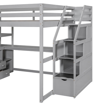 Loft Bed With Desk, Shelves, 2 Drawers, Storage Staircase