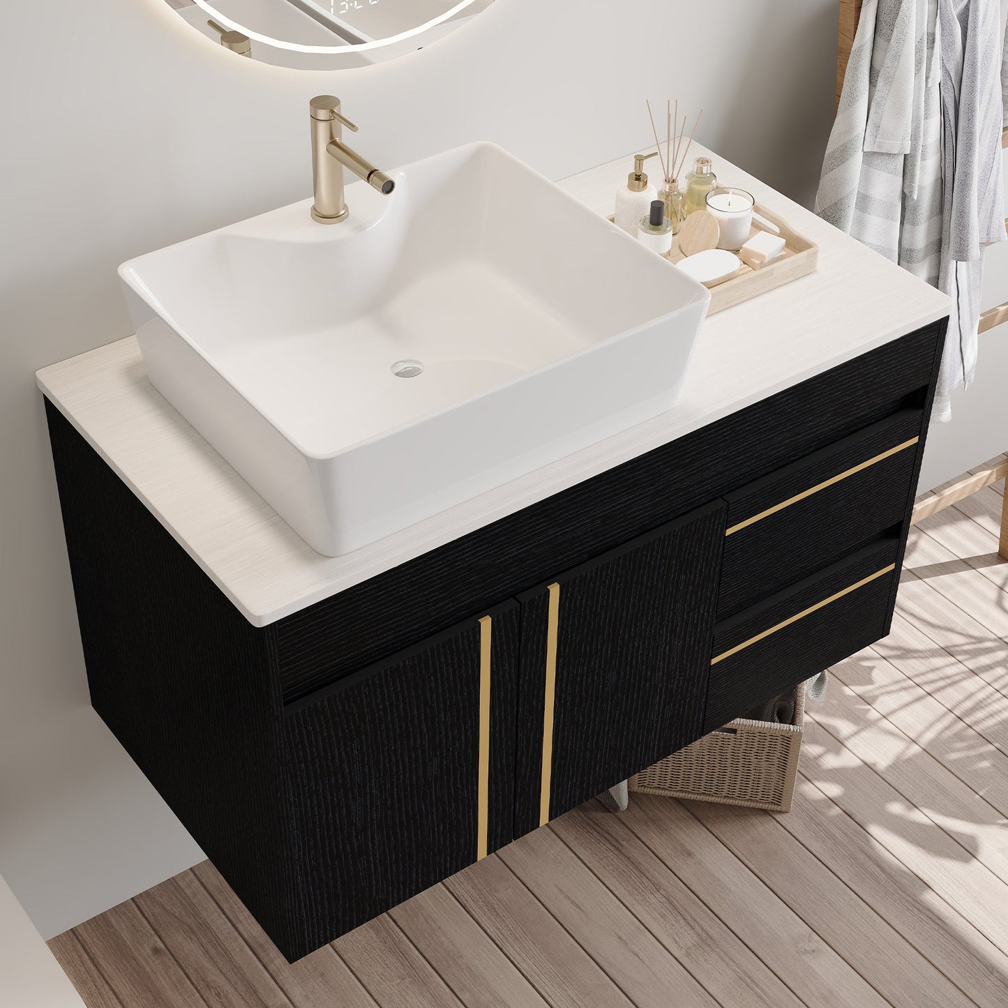 36" Wall-Mounted Bathroom Vanity with Vessel Ceramic Sink & Plywood Countertop