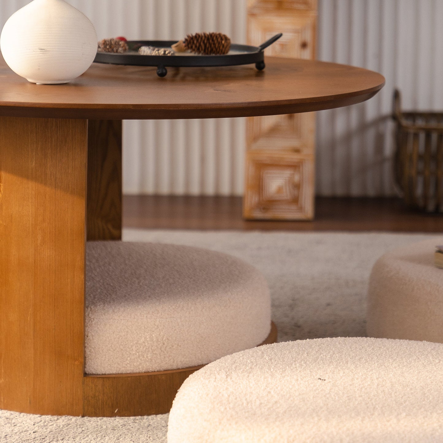 31.5" Round Wood Coffee Table with 3 Teddy Fabric Nesting Stools