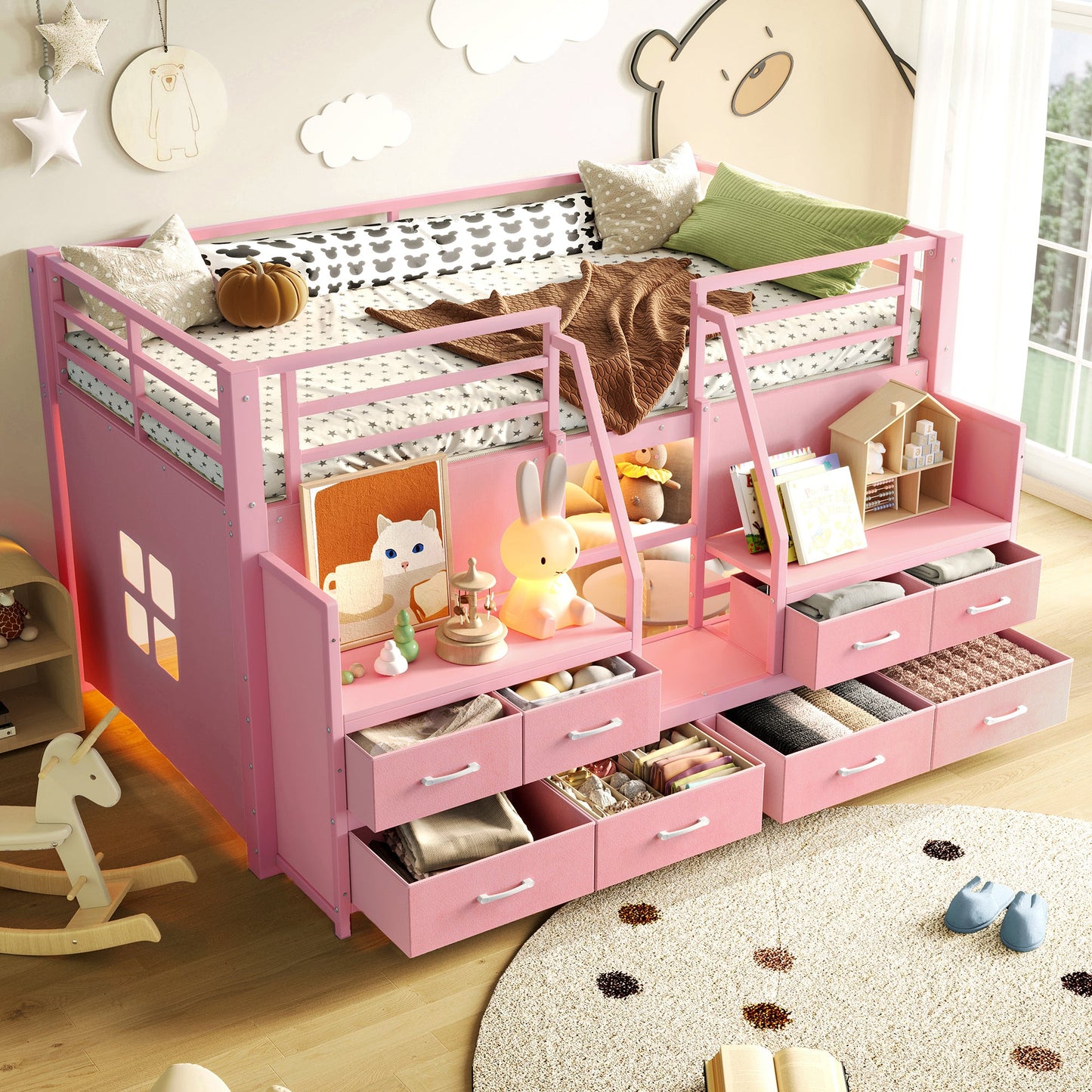 Twin Low Loft Bed with Multi-Storage Spaces