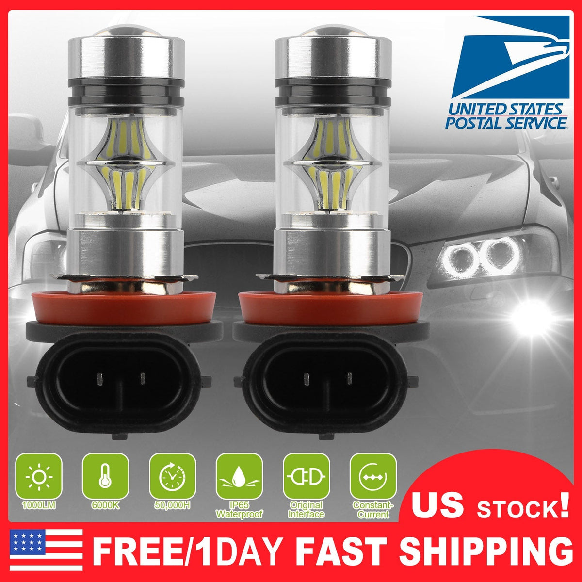 2PCS 1000lm 100W H8/H9/H11 LED Fog DRL Light Bulb IP65 Water-Resistant 360¡ Beam Angle 6000K White