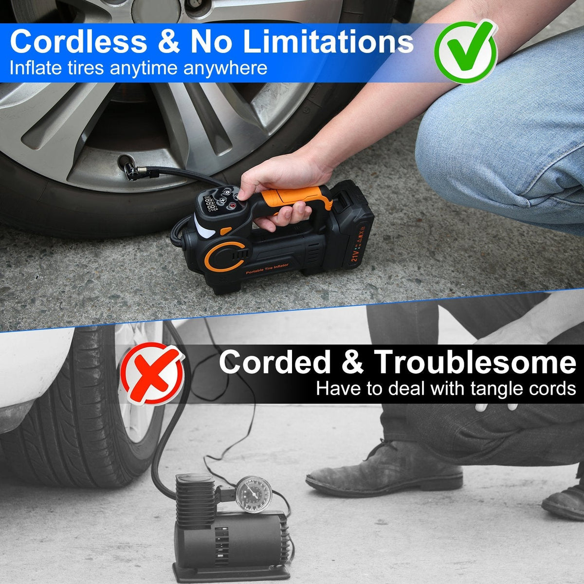 140W 150PSI 21V Battery Powered Tire Inflator Cordless Air Pump  Digital Air Compressor with LED Light for Cars Motorcycles Bicycles Balls