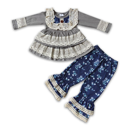 Gray cotton lace shirt ruffle pants children boutique clothes