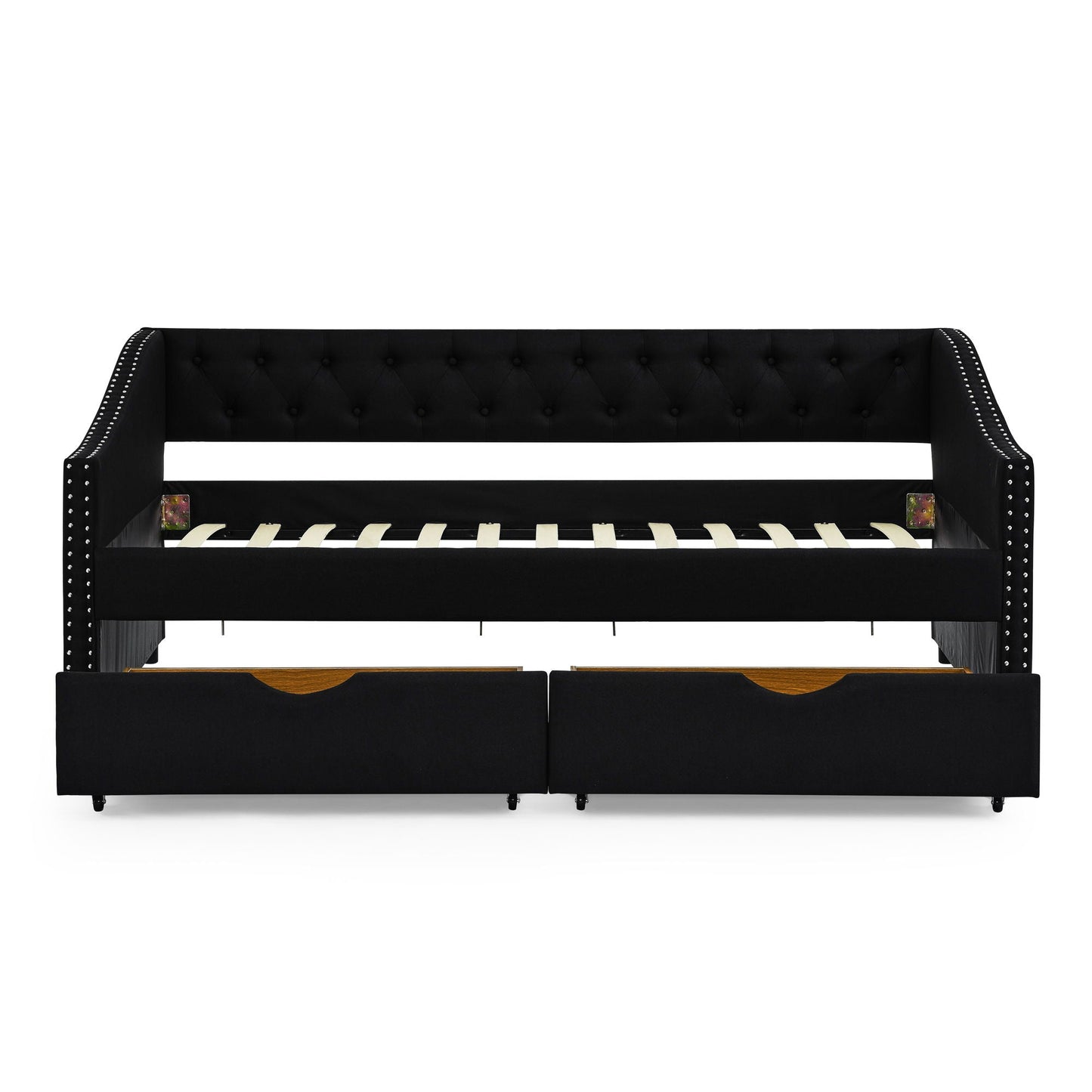Upholstered Tufted Daybed With 2 Drawers, Waved Arms