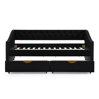 Upholstered Tufted Daybed With 2 Drawers, Waved Arms