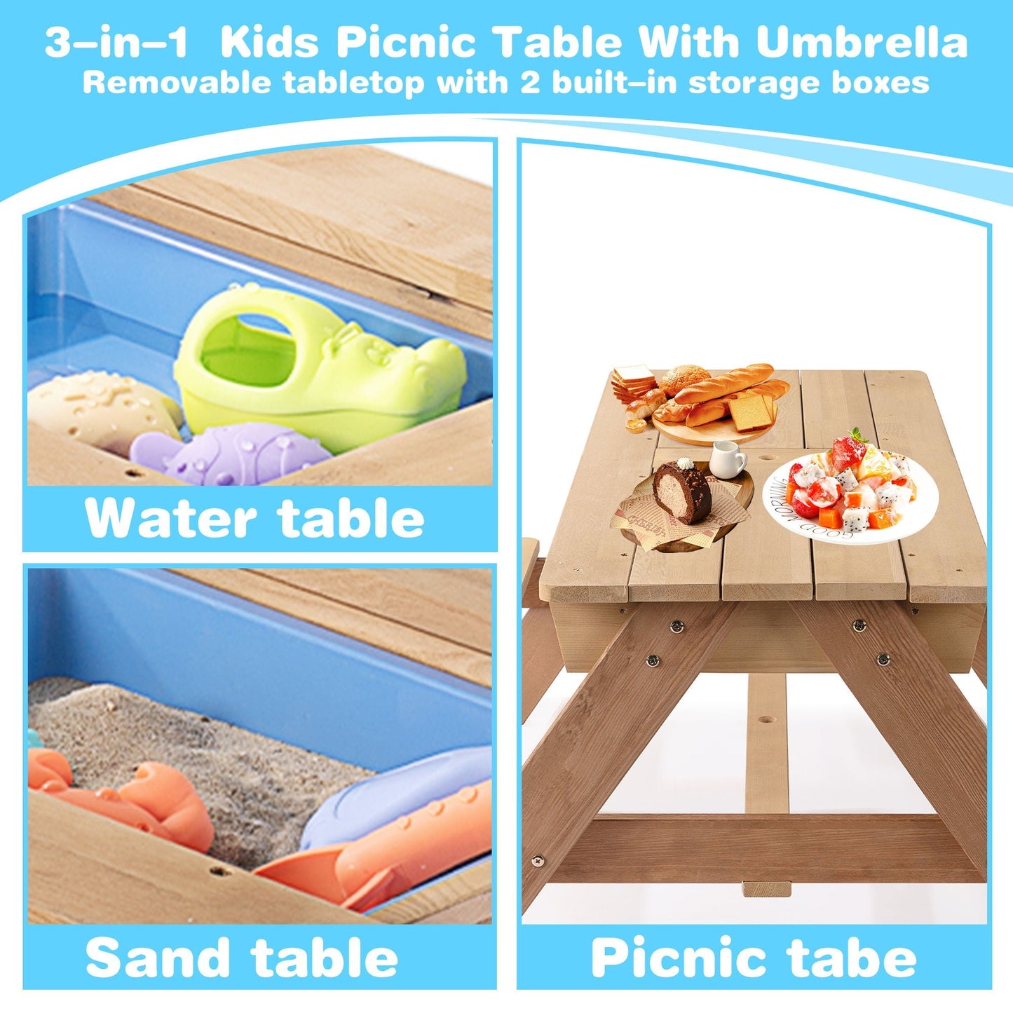 3-In-1 Kids Outdoor Wooden Picnic Table With Umbrella