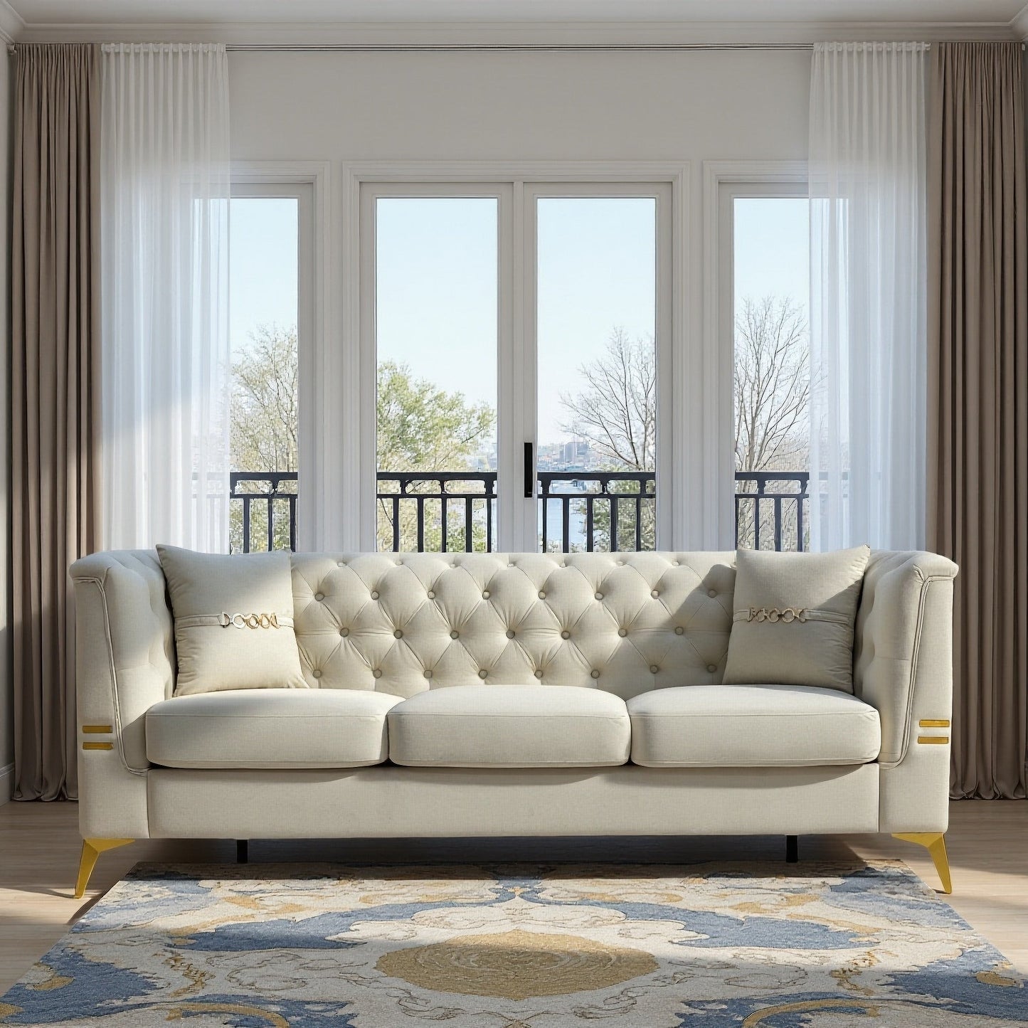Modern Tufted Velvet Sofa with Gold Accents, 3-Seater