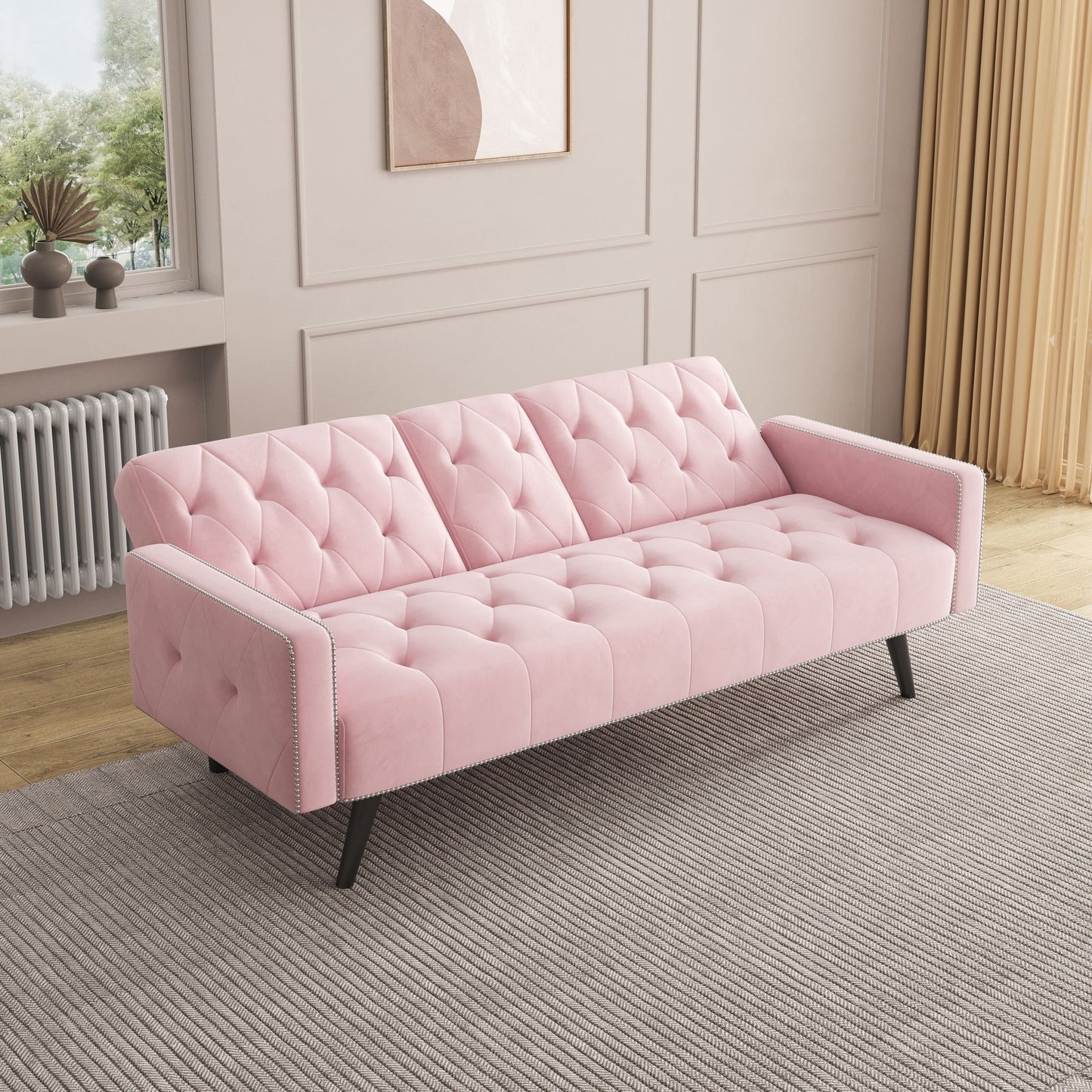 Sofa Bed With Nail Head Trim And Cup Holders - Pink
