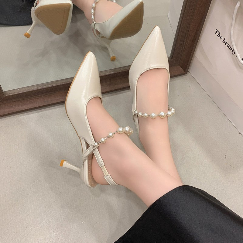 Women French Style Pearl Closed Toe Sandals, 2026 Summer New Pointed Toe Stiletto Backless High Heels, Fairy Style Single Shoes