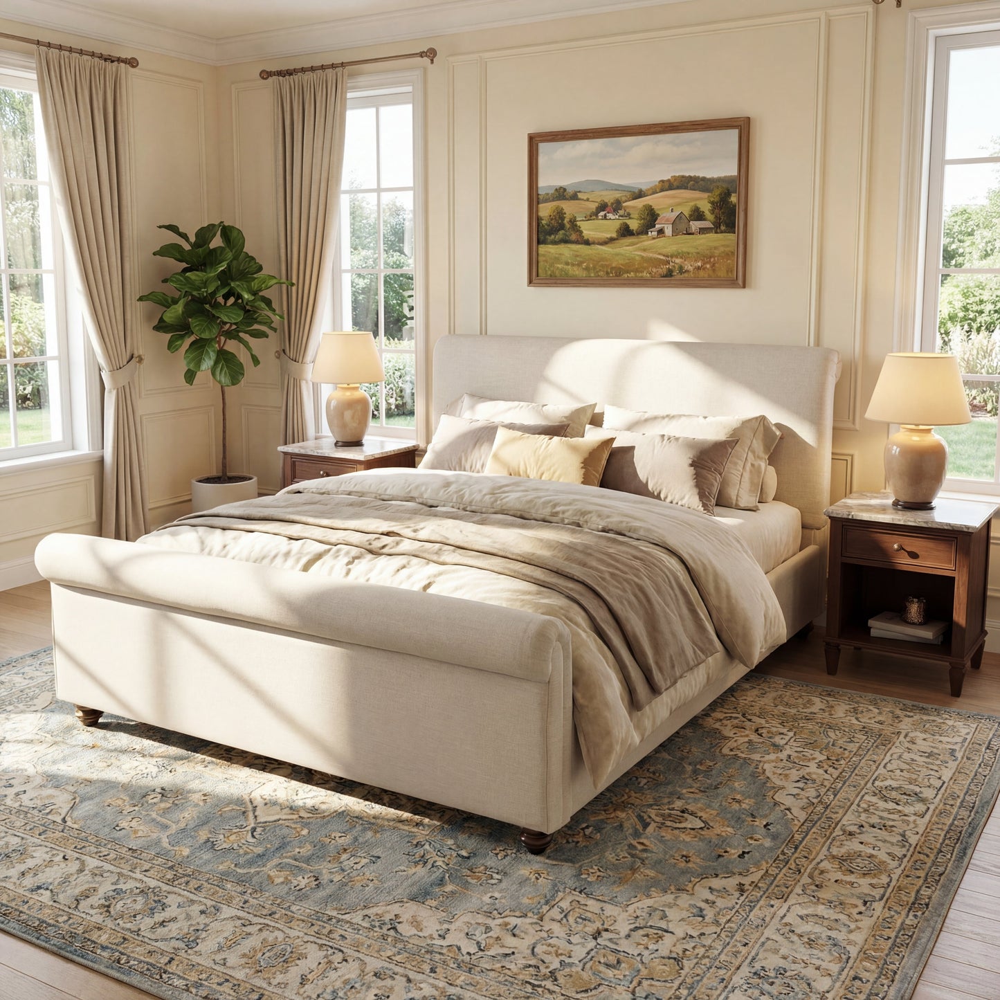 Queen Size Upholstered Bed Frame With Linen Fabric