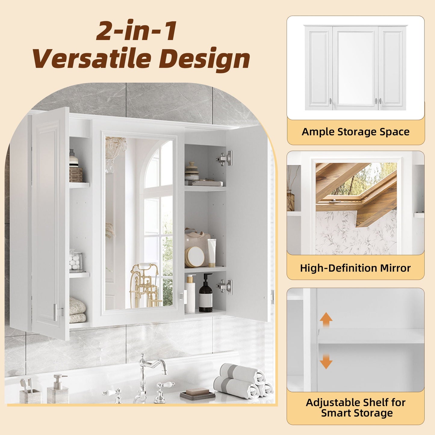 Wall Mounted Mirror Cabinet With 5 Adjustable Shelves, Rectangular Storage For Bathroom - White