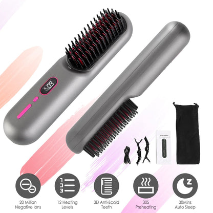 Cordless Negative Ion Hair Straightener Brush Rechargeable Mini Styling Comb with 12 Heating Levels Anti-scald 30S Preheating 30Mins Auto Sleep LCD Di