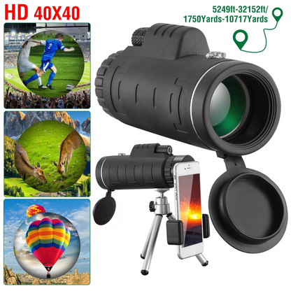 40x40 HD Optical Monocular Telescope w/ FMC Lens Low Light Vision Scope Phone Holder Tripod Compass For Bird Watching Hunting Camping Hiking Sport Eve