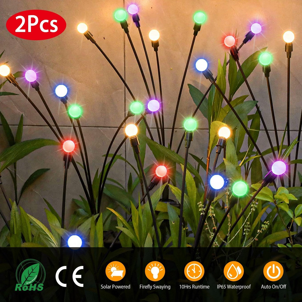 2Pcs Solar Firefly Lights Swaying Decorative Pathway Lamp IP65 Waterproof Landscape Patio Yard Night Light