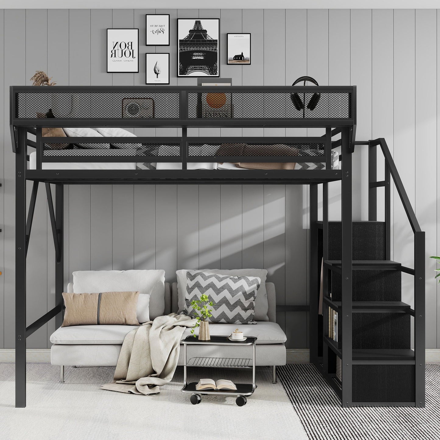 Queen Size Loft Bed With Stairs, Storage Shelves, Wardrobe - Black