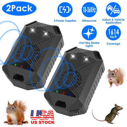 2 Pack Under Hood Ultrasonic Rodent Repeller Rodent Control Deterrent Chaser Blocker for Vehicle Indoor with Strobe Light 3 Power Supplies