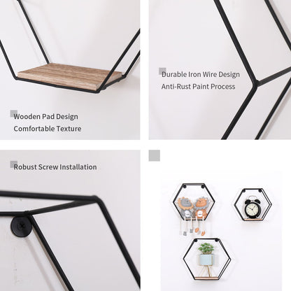 Wall Mounted Hexagonal Floating Shelves - Black (Set of 3) In Different Sizes, Modern Metal Wall Shelf, Simple Wood Partition Storage Shelves, Wall Decor Rack - Natural Wood