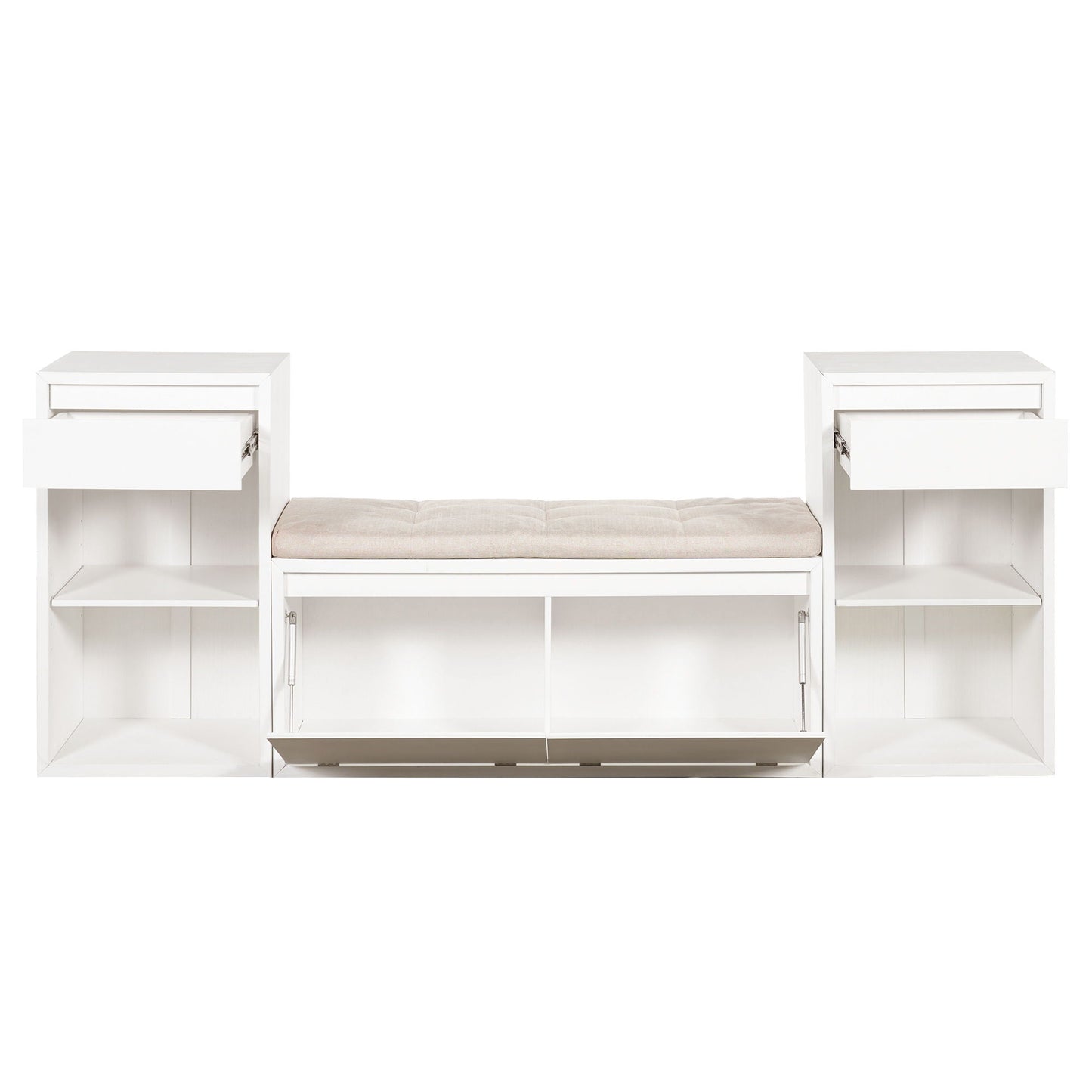 Entryway Storage Bench With Cushion, Drawers & Open Shelves