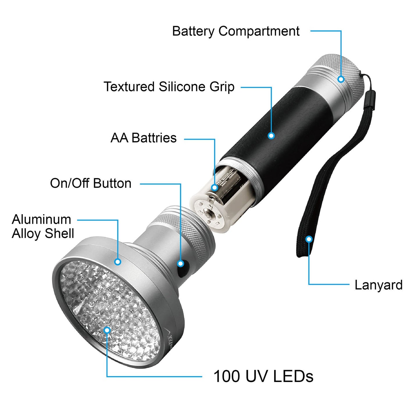 100-LED Blacklight Ultraviolet Detection Aluminum Flashlight