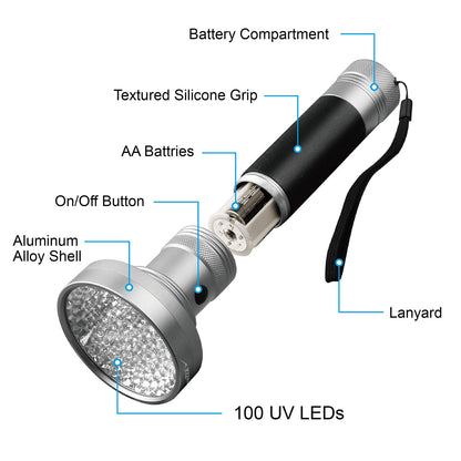 100-LED Blacklight Ultraviolet Detection Aluminum Flashlight