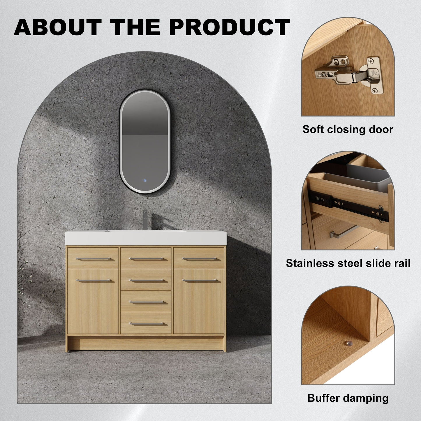 Freestanding Bathroom Vanity With Resin Sink, Soft-Closing Doors And Drawers