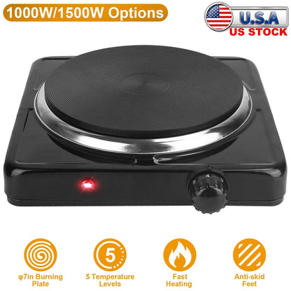 1500W Electric Single Burner Portable Heating Hot Plate Stove Countertop RV Hotplate with Non Slip Rubber Feet 5 Temperature Adjustments