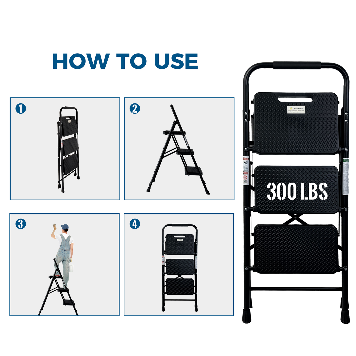 3 Step Ladder Folding Step Stool with Wide Anti-Slip Pedal