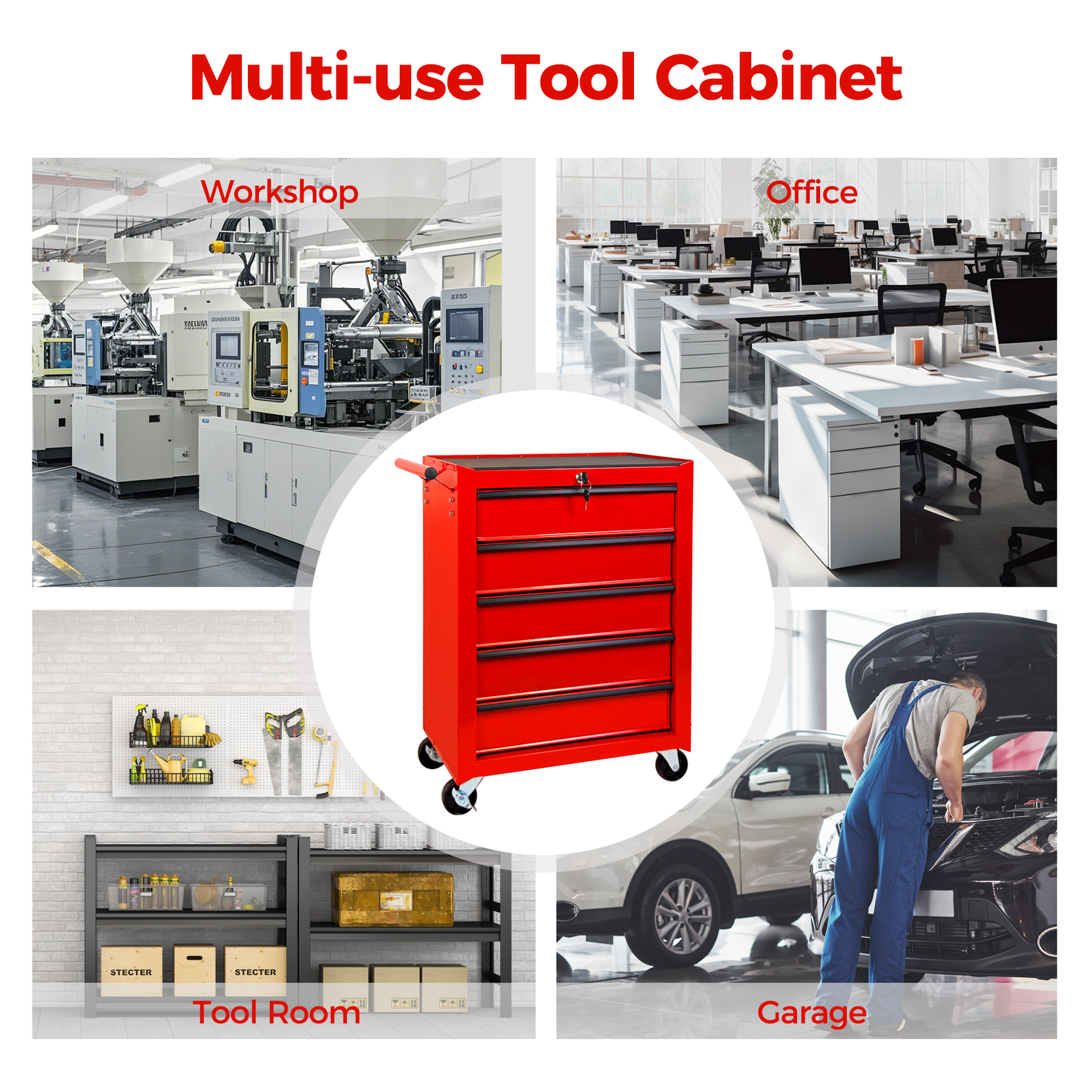 Rolling Metal Tool Chest with 5 Drawers, 20" Steel Cabinet - Red