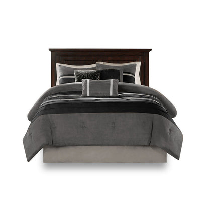 7 Pc Pieced Faux Suede Comforter Set Black Queen