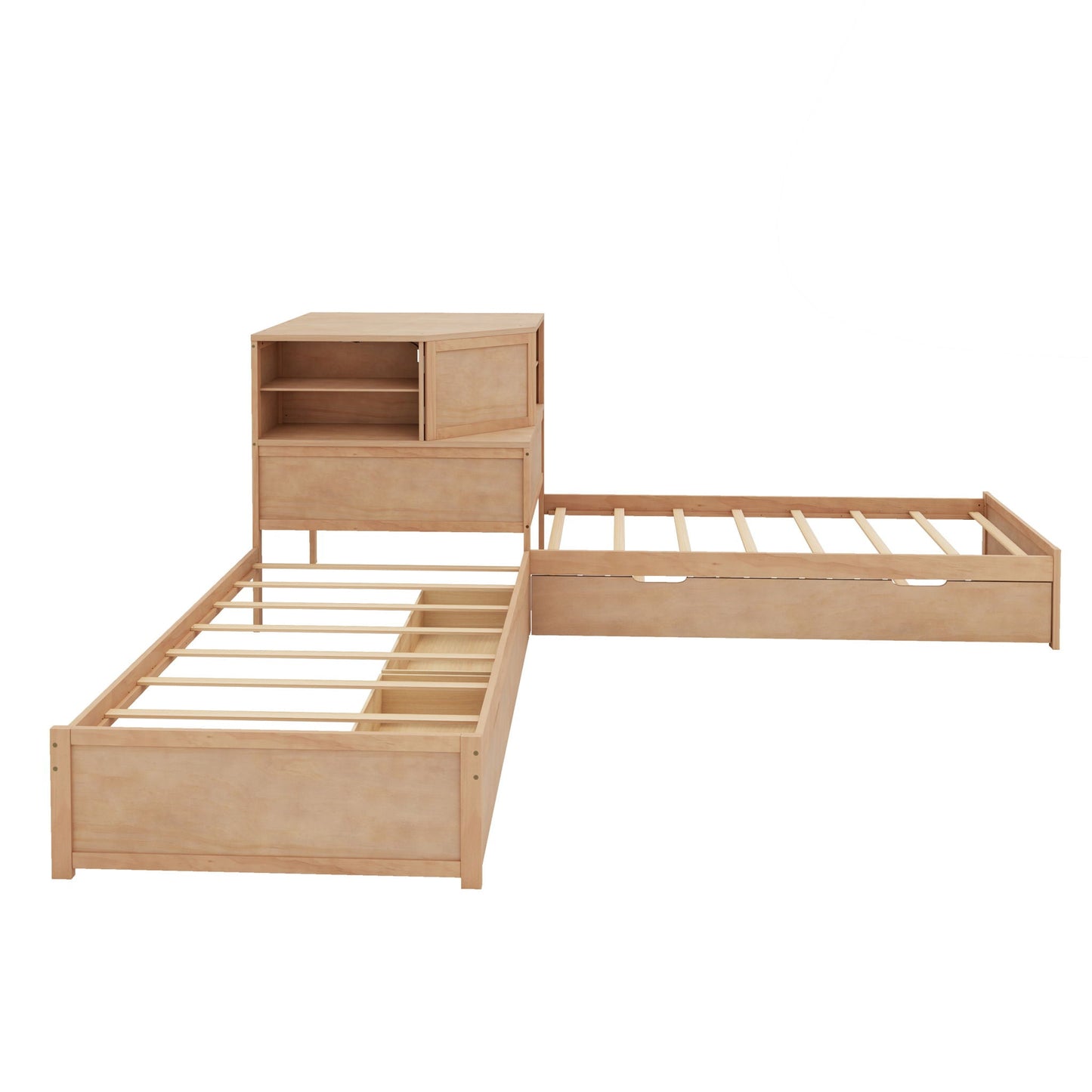 L-Shaped Bed Frame With Trundle, Built In Desk & LED Lighting