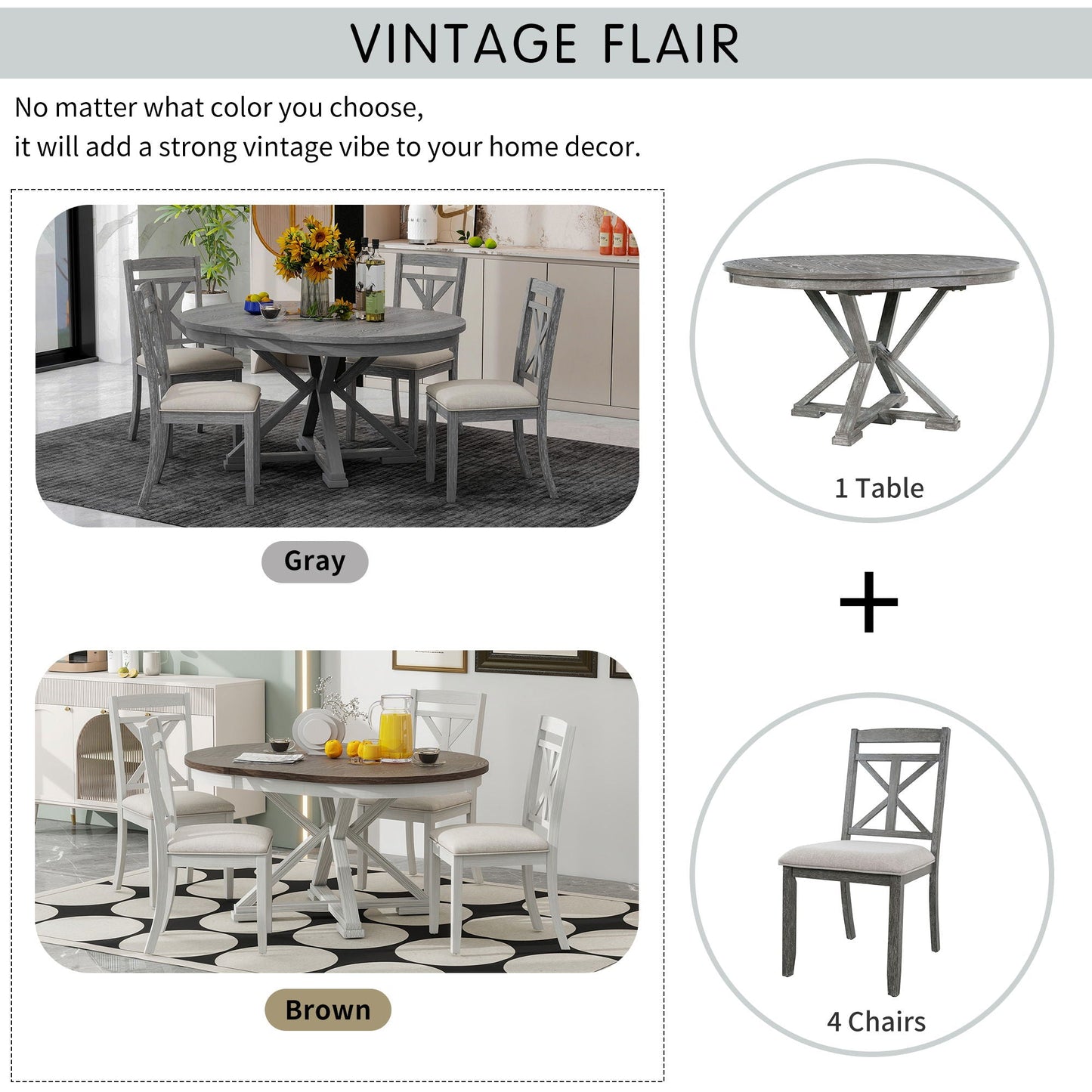 Dining Set With Extendable Round Table And 4 Upholstered Chairs