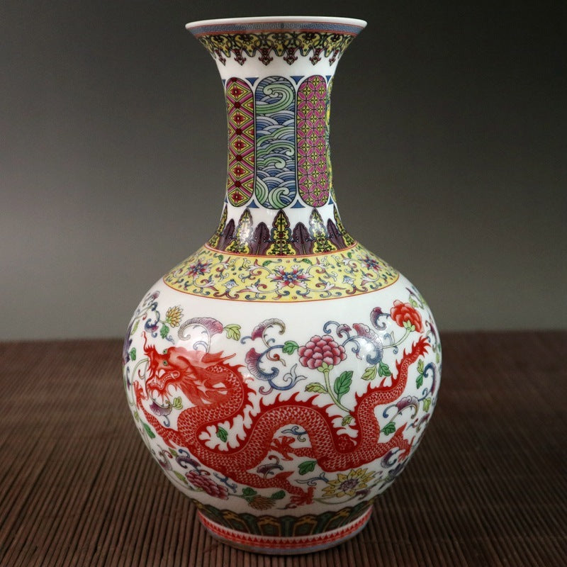 Antique Old Dragon And Phoenix Pattern Ceramic Crafts Vase Ornaments